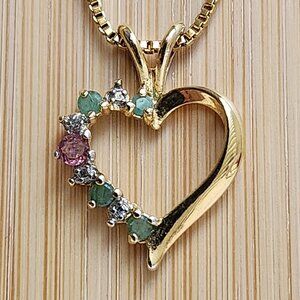 VTG Natural Emerald & Pink Sapphire Heart Pendant 14K/925 20" Italy Necklace